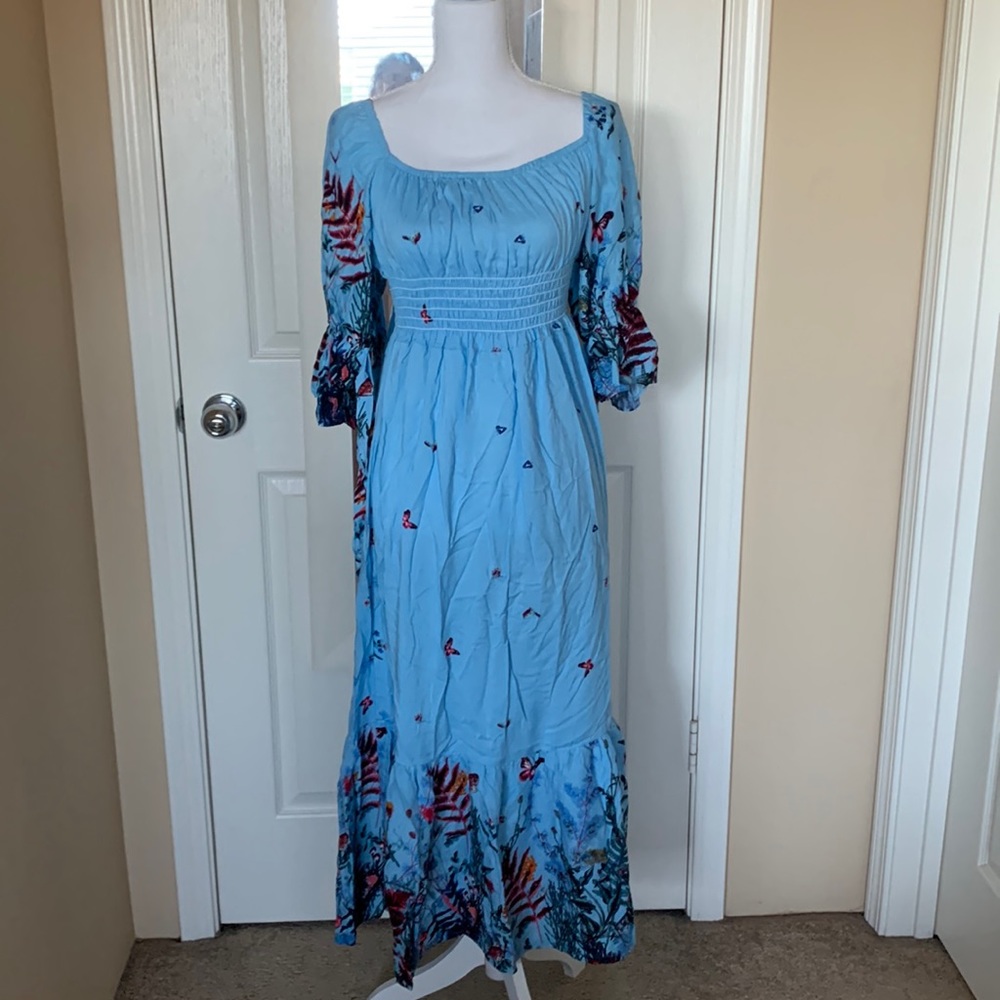 Super maxi blue flowery 3/4 sleeves dress